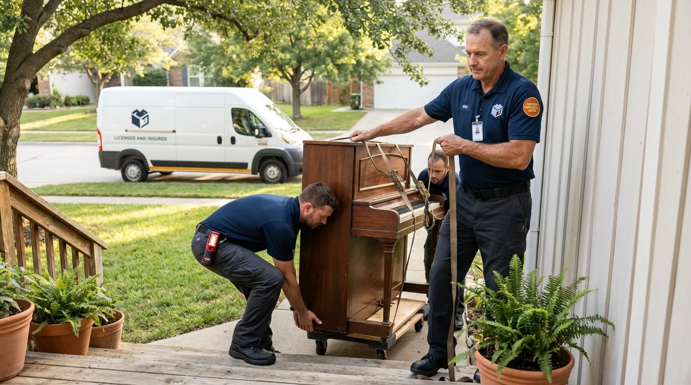 Licensed piano movers securing grand piano in Akron, CO